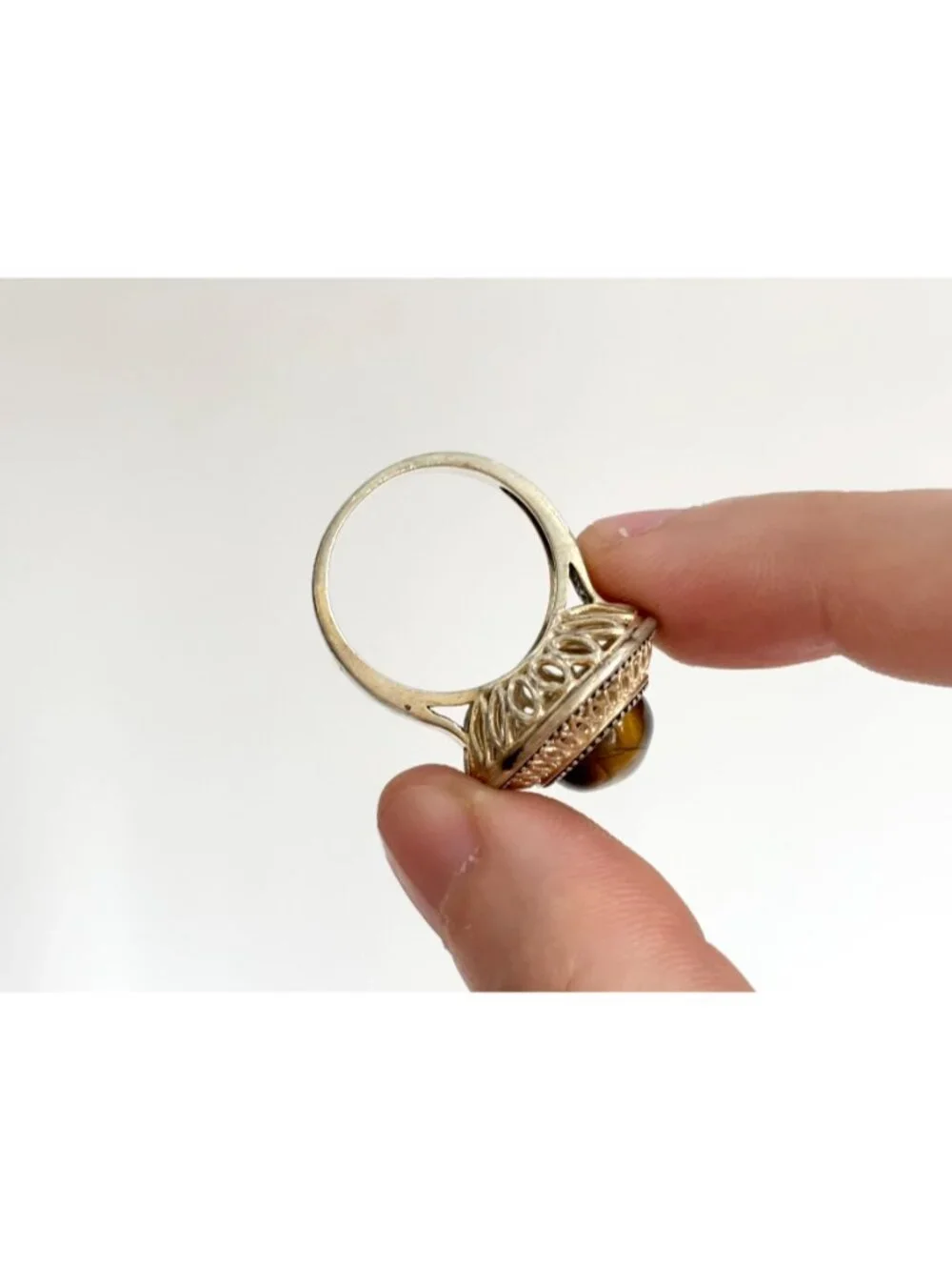 Genuine Tiger's Eye Gemstone Filigree Sterling Silver 925 Vintage Ring - sz 8